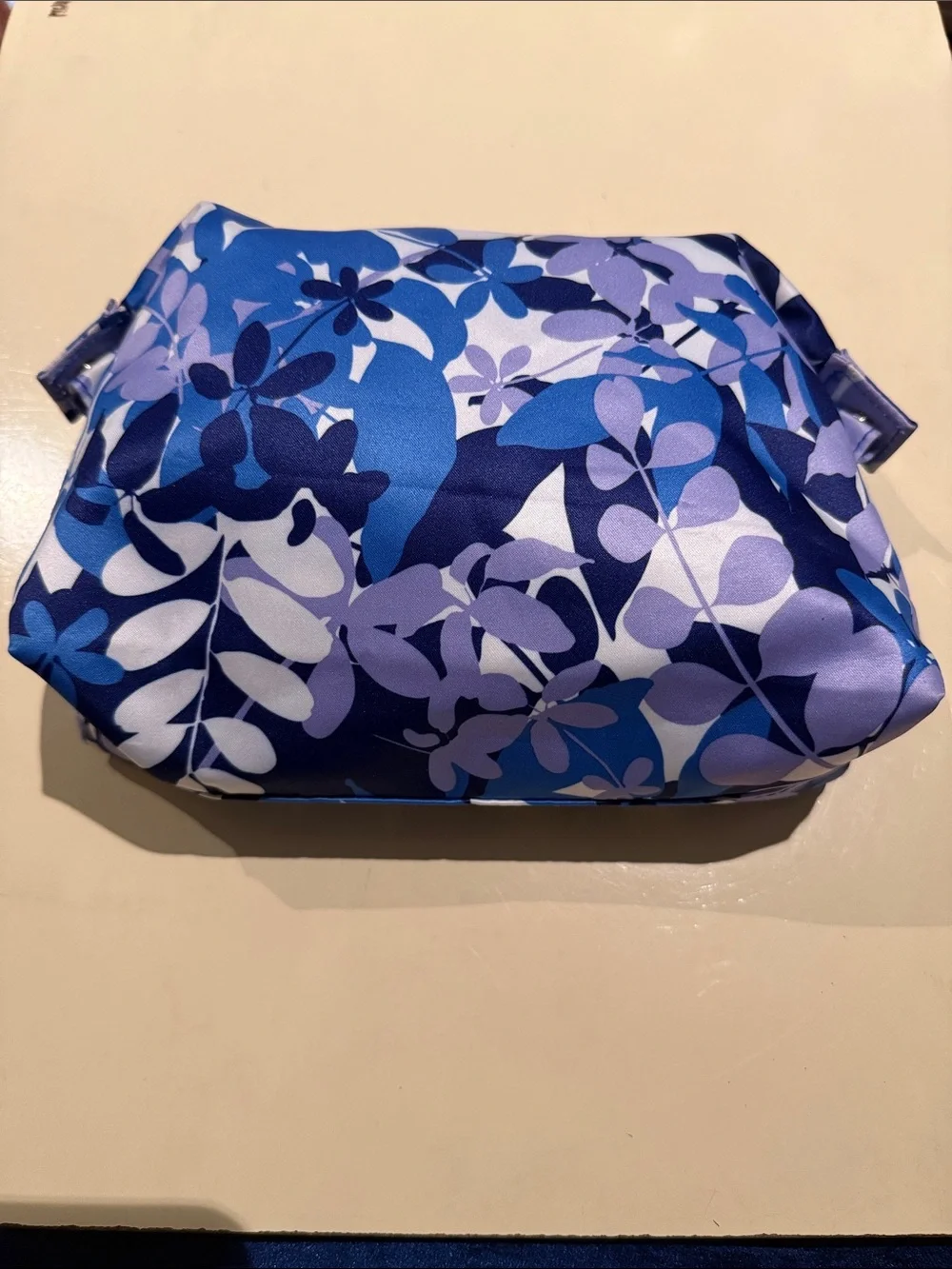 Estée Lauder Blue White Lavender Floral Gold Zip Make up Cosmetic Bag